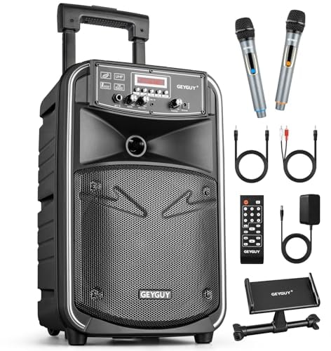 GEYGUY Tragbare Karaoke Maschine, 8 Zoll Mobile PA Anlage mit 2 drahtlosem Mikrofone, Wiederaufladbar Bluetooth Lautsprecher TWS/LINE IN/FM GTSK8-2