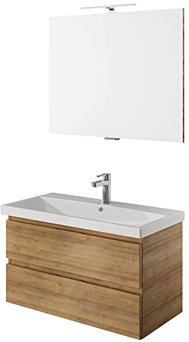 Lomadox Waschplatz Set, 90cm breit, grifflos, in Riviera Eiche Nb., B/H/T ca. 90/200/45 cm