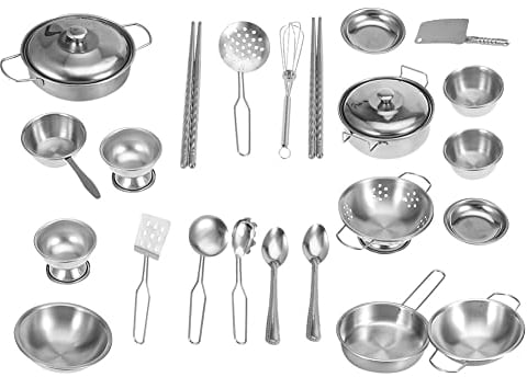 SANON 25PCS Kitchen Toys, Stainless Steel Cookware Cooking Utensils Pan Toys Set for Children