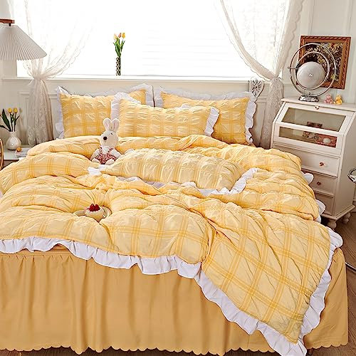 GETIYA Aesthetic Seersucker Bettwäsche 200x220 3Teilig Hellgelb Einfarbig Bettwäsche Gelb mit Weiß Rüschen Damen Bettwäsche Teenager Mädchen Bettwaesche Mikrofaser mit 2 Kissenbezug 80x80