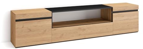 Skraut Home | Mueble TV | Televisión | Muebles de salón, almacenaje | 200x45x35cm | para TV hasta 80 | con Almacenamiento | Estilo Moderno | Roble y Negro
