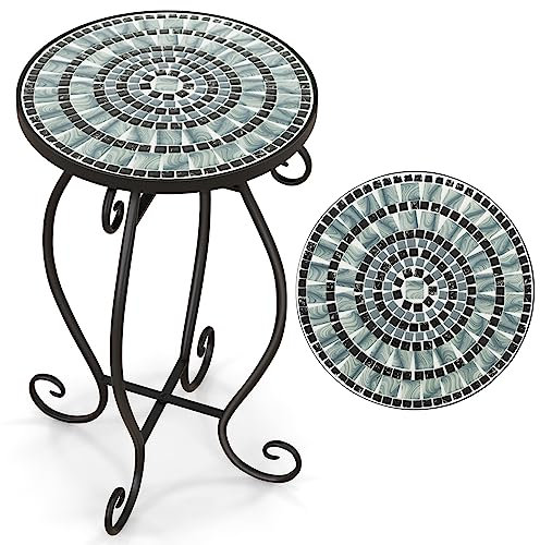 COSTWAY Mesa Auxiliar de Exterior Mosaico, Mesa de Jardín Redonda con Tablero de Cerámica Resistente, Soporte para Plantas Pequeña para Balcón Patio,Jardín, Mesa de Acento (Turquesa)