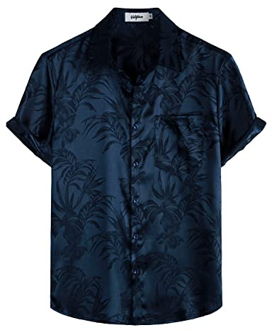 VATPAVE Herren Hawaii Hemd Männer Freizeit Kurzarm Sommer Blumen Strandhemd | Jacquard, Regular Fit, Festival, Satin Seide Hemd, Floral,70er Jahre Hemd, Urlaub, Tropisch, Rave, Cool, Club