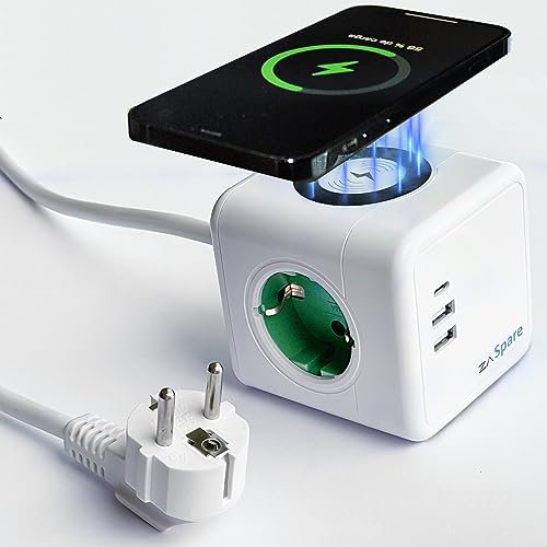 ZASpare- Regleta Enchufes Cubo con 2 USB Tipo A y 1 USB Tipo C, Carga Rapida, Carga Inalámbrica Wireless 15 W. Ladron de Enchufe con 3 Tomas de 220V 3680W 16A, Alargador Enchufe Cable 1,5 Metros.