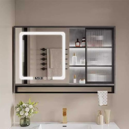 UkewEi 100 * 70 * 12cm Wandschrank für Badezimmer, Beschlagfrei Spiegelschrank mit Licht LED, Uhr, Smart Touchschalter, 2 Türen, Handtuchhalter (Color : Black, Size : 70 * 70 * 12cm)