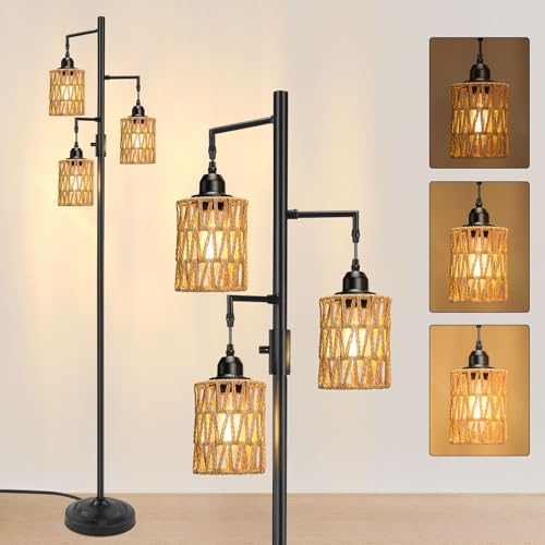 Lightsjoy Stehlampe Wohnzimmer Dimmbar,Vintage Stehlampe Geflochten mit Holz Rattan Lampenschirm,Boho Stehleuchte Leinen Lampenschirm,Schwarz Floor Lamps für Schlafzimmer Büro-Höhe 166cm