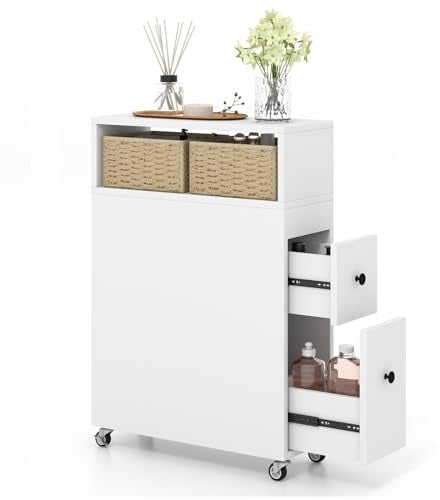 GIANTEX Nischenregal 19cm breit, Badezimmerschrank schmal Badregal auf Rollen, Nischenschrank Nischenwagen mit 2 Schubladen & 2 Weidenkörben, Rollwagen Rollcontainer 19x50x72 cm (Weiß)