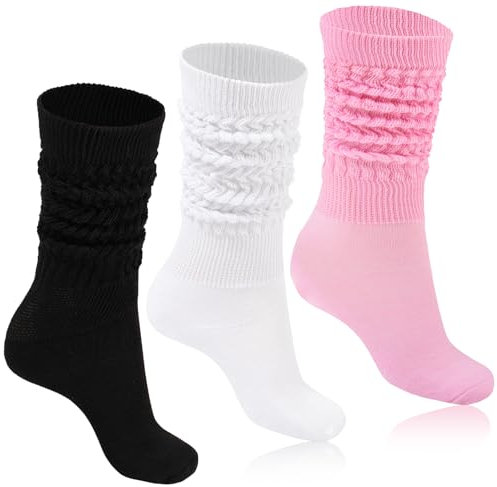 Moon Wood Slouch Socken Damen 3 Paare Kniestrümpfe Extra lange Baumwolle stricken Knie hoch dick Scrunch Socken Schuhgröße 39-44 Schwarz/Weiß/Pink