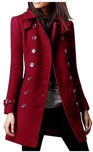 Susenstone Femme Manteaux en Laine Mélangée à Double Boutonnage Manteau Femme Hiver Chic Manteau Chaud Mi-Long Épaulette Manteau Mince Blazer Long Manteau Couleur Unie Coupe-vent Mi-long Blouson