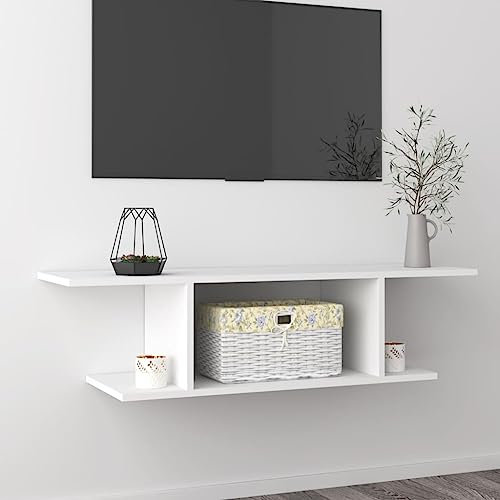 Homvdxl Floating TV Stand Cabinet, Under TV Shelf Wall Mounted Storage Shelf with Open Storage for Living Room, Entertainment Room, Office, Modern Entertainment Unit, White
