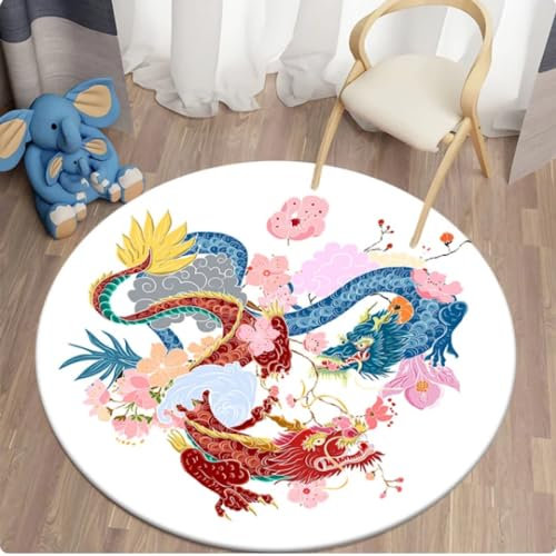 REIWAN Tapis Rond Imprimé d'un Dragon Chinois, Tapis Rond pour Le Salon Et La Chambre À Coucher, Tapis Antidérapant pour Les Enfants, Tapis De Sol pour La Cuisine Tapis De Chaise