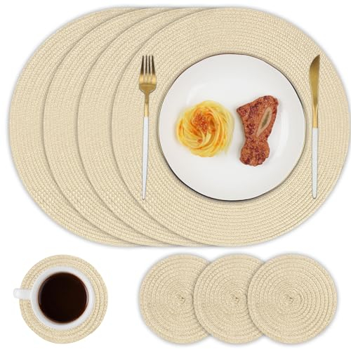 Famiaby Tablemats and Coasters Set of 4 Round Woven Placemats Heat Resistant Washable Dinner Mats Beige Placemats and Coasters for Kitchen Dining Table
