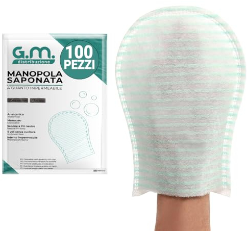 GM 100 Manopole Saponate Monouso di Alta Qualità, Impermeabili all'interno, con Soffice Spugna Esterna, Guanti Saponati Monouso Delicatamente Profumati, Senza Risciacquo, Spugne per Anziani Monouso