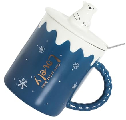 LIFKOME 1ensemble Mug Céramique Ours Polaire Avec Cuillère Et Couvercle Tasse à Boisson Cartoon Pour Café Thé Chaud Pour Spéciaux Et Moments Festifs