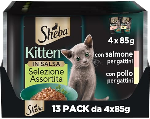 Sheba Kitten Sortierte Auswahl in Sauce mit Lachs und Huhn, komplettes Nassfutter für Kätzchen, 52 Beutel à 85 g