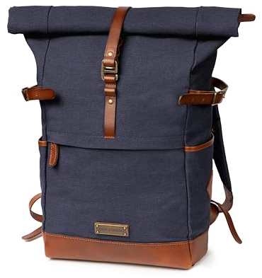 DRAKENSBERG Rolltop Rucksack 'Wyatt' aus Canvas und Leder mit Laptopfach - Vintage-Utility-Design für Damen, Herren, 20-30L - Marine-Blau, DR00286
