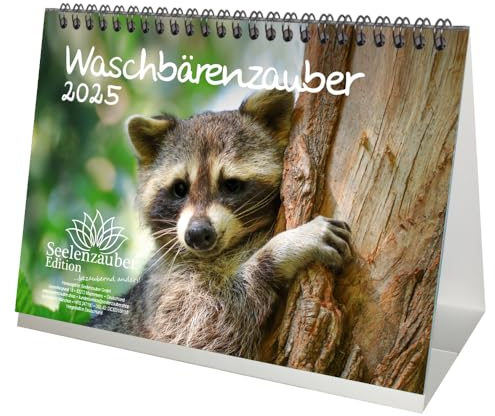 Waschbärenzauber DIN A5 Tischkalender für 2025 Waschbären - Geschenkset Inhalt: 1x Kalender, 1x Weihnachtskarte (insgesamt 2 Teile)
