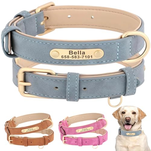 SEOUGEE Personalised Leather Dog Collar, Soft Padded Leather Dog Collars Heavy Duty with Custom Engraved Name Plate Adjustable for Small Medium Large Dogs (L, Blue 35-45cm)