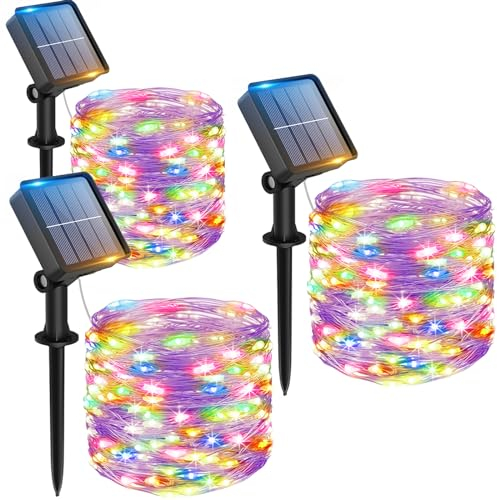 Peasur 3 Stücke Solar Lichterkette Aussen, 3x12M 120 LED Solarlichterkette Außen Wetterfest, 8 Modi IP65 Wasserdicht Kupferdraht Lichterkette Outdoor für Balkon Garten Party Hochzeit Deko, Mehrfarbig
