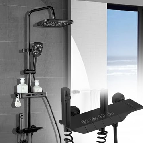 Julymoda Colonna Doccia Rame con Miscelatore Termostatico Kit Doccia Idromassaggio con Soffione 29×20cm e Doccetta 3 Modalità Tasti di Pianoforte 4 Funzioni Altezza Regolabile (Nero)