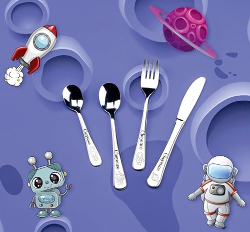 Kinderbesteck mit Namensgravur,Edelstahl, 4-teilig, spülmaschinengeeignet – Geschenk zur Taufe, Taufgeschenke für Mädchen und Jungen, Kinderbesteck mit Gravur (Weltall)