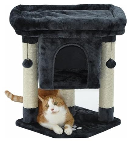Katzen Kratzbaum Katzenbaum - mit großem XL Liegeplatz, Katzenhöhle - optimale Liegemulde Plattform für ältere Katzen mit wenig Sprungkraft und Katzen Neulinge - Höhe 61 cm - grau