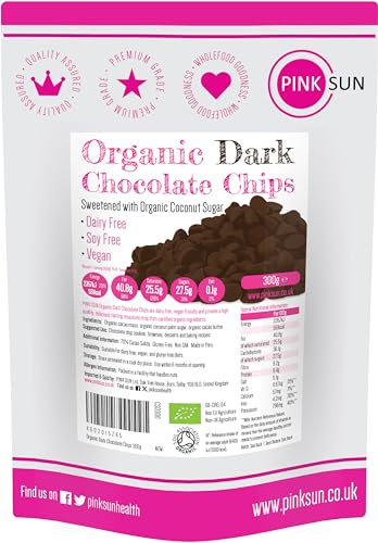 PINK SUN Organic Chocolate Chips 300g - Vegan, Dairy Free, Soy Free, Gluten Free 70% Dark Chocolate for Baking in Drops
