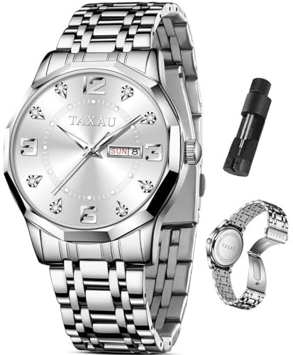 Taxau Klassische Herrenuhren - Edelstahl Wasserdicht Business Analog Quarz Arabische Ziffern Kleid Big Face Mit Datum Tag Leuchtende Reloj Para Hombre