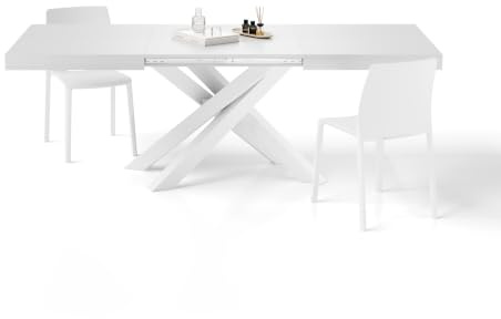 MOBILI FIVER, Ausziehbarer Esstisch Emma 140(220) x90 cm, Esche Weiss mit Weißen gekreuzten Beinen, Made In Italy