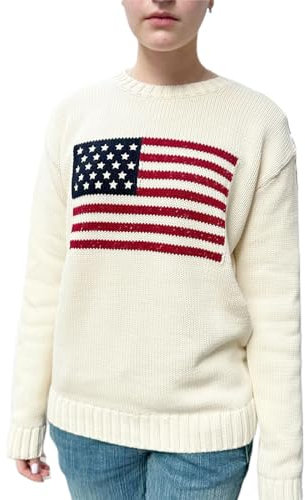 Damen-Pullover mit amerikanischer Flagge, langärmelig, Rundhalsausschnitt, lockere Passform, Strickpullover, Tops, USA, lässig, lockerer Pullover, 2# Weiß, Klein