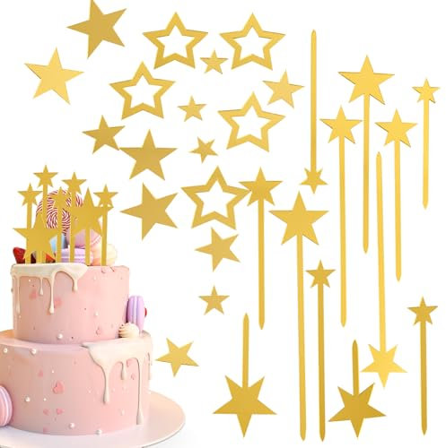 29 Stück Gold Sterne Tortenaufleger, Goldene Sterne Tortendeko Cake Topper, Geburtstag Stern Torten Deko, Happy Birthday Stern Tortendeko Cake Topper, Sterne Birthday Cake Toppers