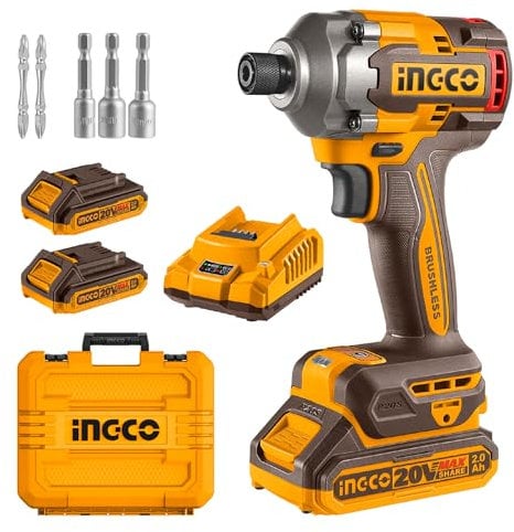 INGCO 20V Cordless Impact Driver 285NM, Brushless Motor, Variable Speed Control 1600/1900/2600RPM, 2900BPM with LED Work Light, 2Pcs 2.0Ah Battery and 1Pcs Charger, Packed by Carrying Case CIRLI2028