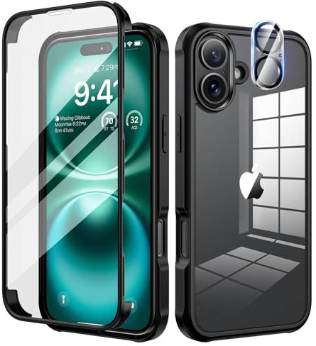 seacosmo for iPhone 16 Plus Case, Full-Body Shockproof Case [Built-in Glass Screen Protector] [Camera Lens Protector] 360° Front and Back Cover for iPhone 16 Plus 6.7 Inch - Black/Clear