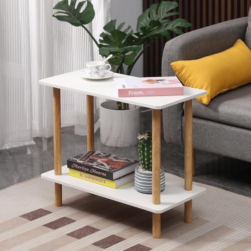 Small Wood Coffee Table with Storage Shelf White, Little Side Table Corner Sofa Table Living Room End Table Tea Snack Table Home Office Waiting Room Reception Table (2 Tier 60x30cm)