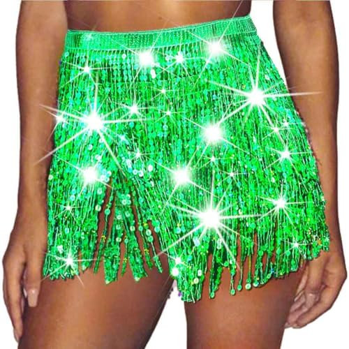 Evlry Paillette Fringe Mini Röcke Sparkly Belly Tassel Rave Kostüm Festvial Shorts für Damen (Grün)