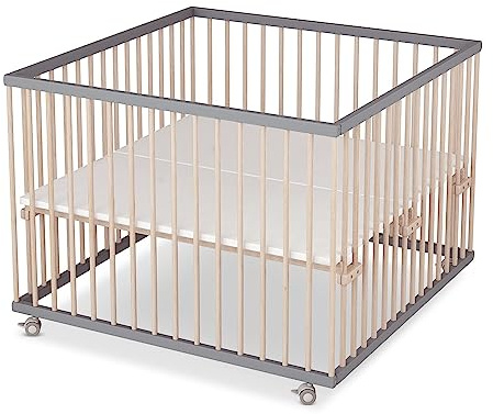 Sämann Baby Laufstall aus Holz I Baby Laufgitter 100x100 cm Grau/Natur I Inkl. Matratze Cloud Air I Robuster & höhenverstellbarer Laufstall aus Buchenholz I Mit gummierten Rollen & TÜV geprüft