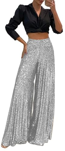 Pailletten Hose Damen Weite Plissee Hose Glitzer High Waist Palazzo Hose Frauen Casual Marlenehose Locker Stoffhose Weitem Bein Freizeithose Elegant Culottes Hose Gummizug Lounge Hose Gerade