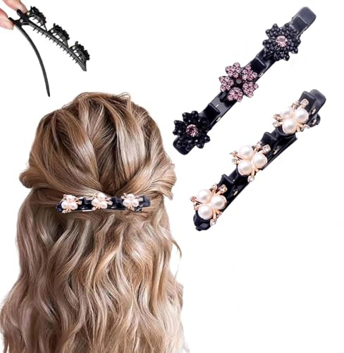 2 Pcs Sparkling Crystal Stone Braided Hair Clips, 2025 New Satin Fabric Hair Bands Rhinestone Four-Leaf Clover Hair Clip for Styling, Duck Bill Clips for Women Girls, Color D