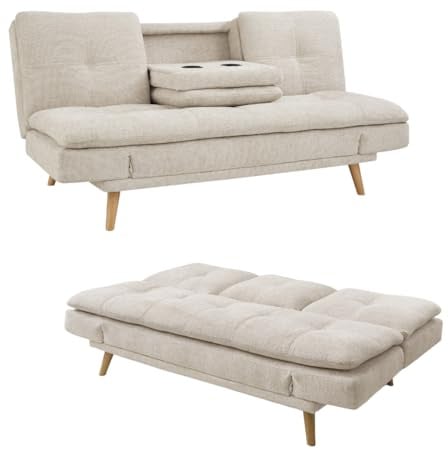 Home Detail Fabric Sofa Bed, Three Seater Fabric Clic Clac Sofabed with Adjustable Ends and Pull Down Back with Cupholder, 3 Seater Futon in Chenille (Beige Chenille)