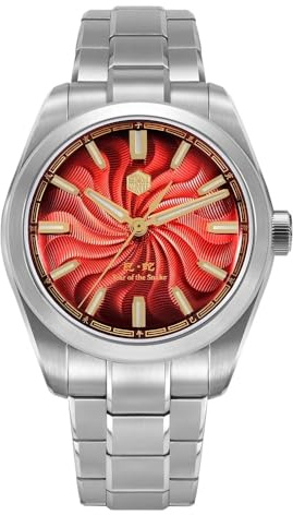San Martin 2025 Guilloche-Zifferblatt Snake Year Limited, 39 mm, Miyota 90S5, klarer Gehäuseboden, Herren, automatische mechanische Uhr, leuchtend, SN0144, Roter Guilloche, Limitierte Auflage