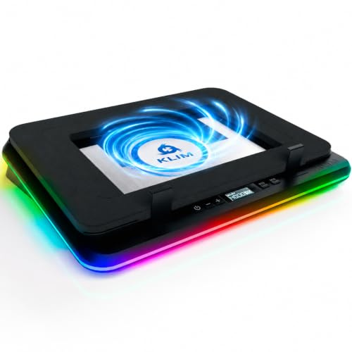 KLIM Turbofrost Gaming Laptop Cooling Pad - 4 Powerful Turbo Fans - 4 x 4000 RPM, Laptop Cooler 2 Power Modes USB-C/DC, Dynamic RGB, 4-Ports USB, Sealed Foam for Fast Cooling - Up to 17in - Grey Space