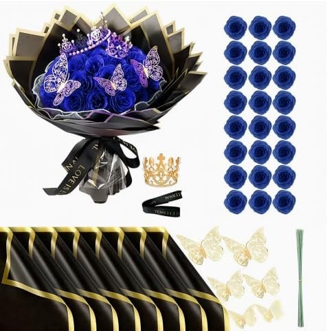 HORREX 24 Pièces Bouquet de Rose Artificielle, Bouquet de Fleurs Couronne, Fleurs Artificielles pour la Saint-Valentin, Mariages, Fiançailles, Anniversaires, Fête des Mères, Noël, Décoration (Bleu)
