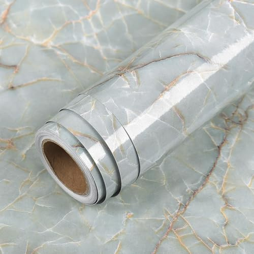 LACHEERY Klebefolie Möbel Marmor Grün Arbeitsplatte Folie Küche 40cm x 200cm Möbelfolie Selbstklebend Marmoroptik Wasserdicht Küchenfolie Schränke Grün Hochglanz für Tisch Fensterbank Schränke