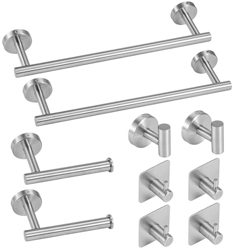 BREEZENEST 10pcs Bathroom Accessories Set — No Drilling Wall-Mounted Towel Holder & Toilet Roll Holder Set, Stainless Steel Bathroom Hardware Kit, Space-Saving Organiser (Silver)