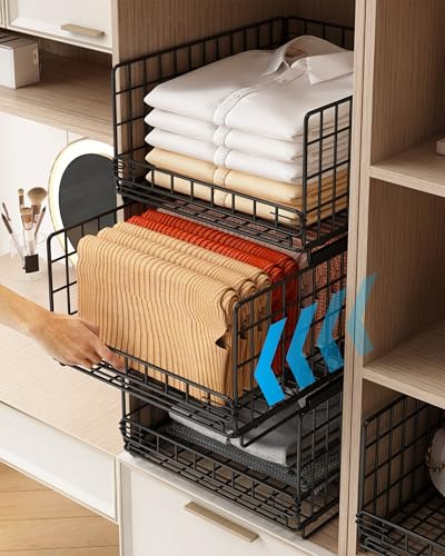 UMDONX 6 Pack Pull out Wardrobe Storage Organiser Stackable Clothes Drawer | Closet Clothing Shelf Basket, Durable Metal 50LBS Load Black