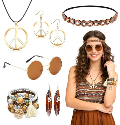 Athora Hippie Accessoires 7 Stück Set Kostüm Damen Kleidung, 60er 70er Jahre Bekleidung Beinhaltet Halsketten, Armbänder, Ohrringe und Brillen Abba Kostüm Accessoires Faschings Karneval Damen Zubehör