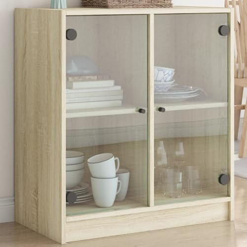 Foknhdi Beistellschrank mit Glastüren Sonoma Eiche 68 x 37 x 75,5 cm Hochwertiger Sideboard aus Holzwerkstoff mit Glas für Küche, Wohnzimmer und Flur