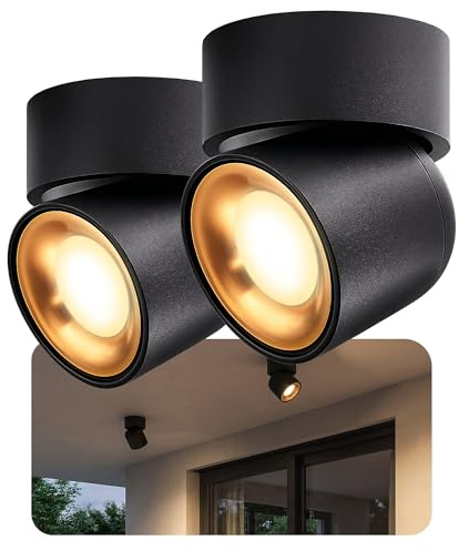 SSC-LUXon 2x AYONA Deckenlampe schwarz gold rund schwenkbar IP54 - Deckenspot mit LED GU10 2W warmweiß - Aufbaustrahler für Terrasse & Flur