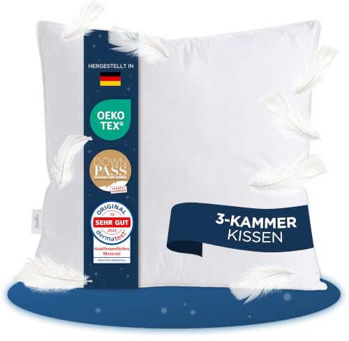 Samthus Made-in-Germany 3-Kammer Daunenkissen 40x80cm aus Federn und Daunen | Kopfkissen aus Daunen und Federn mit 100% Baumwolle Aussenhülle ergonomisches Kissen 40x80 Oeko-Tex & Dermatest zertifiziert