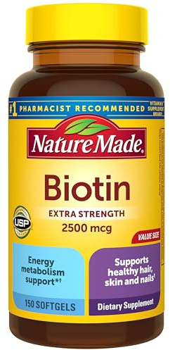 Nature Made Biotin 2500 mcg Extra Strength, Biotin Supplements Support Healthy Hair Skin & Nails, 150 Softgels, 150 Day Supply